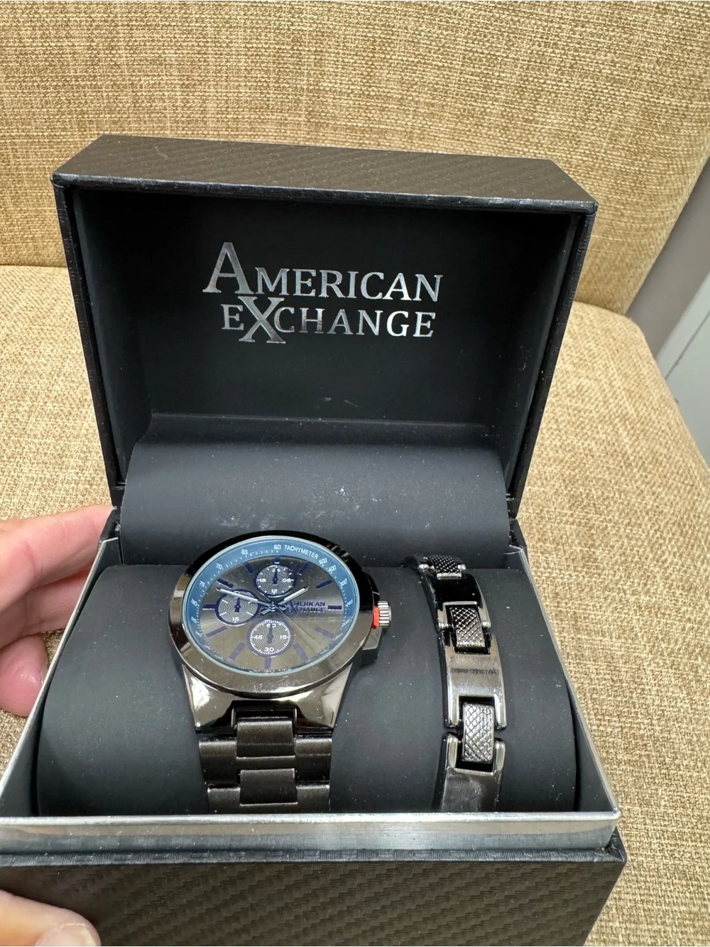 American Exchange Men's Quartz Chronograph Tachymeter Black Bracelet Watch Box